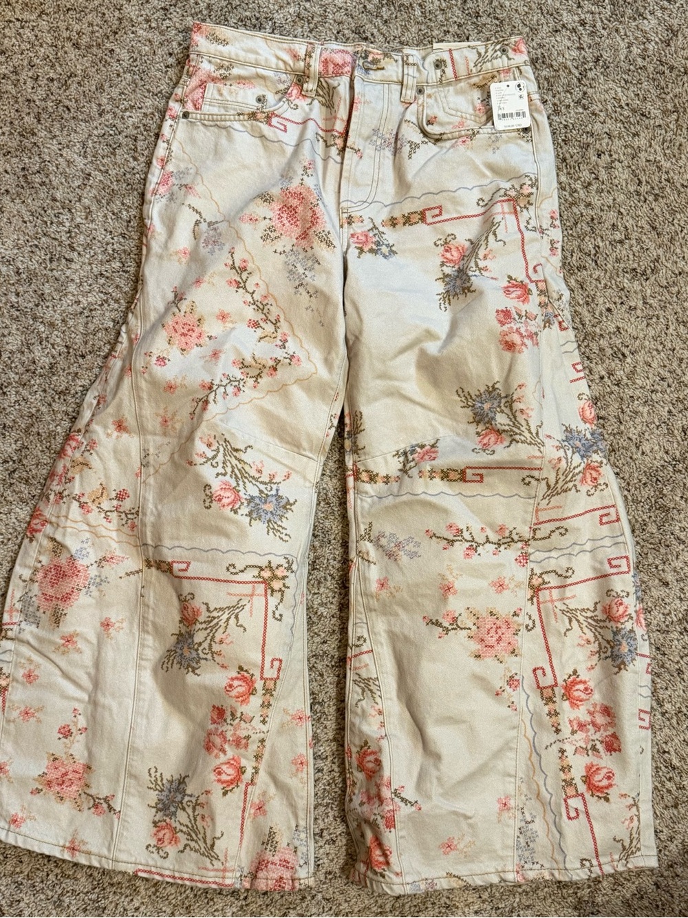 We The Free Eden Printed Slouchy Flare Jeans - Ivory Combo Cross Stitch